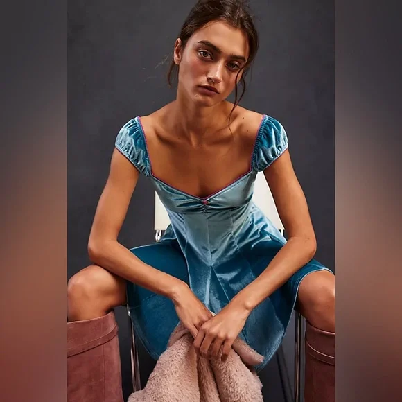 Free People Blue Velvet Rose Marie Mini Dress XS - Picture 3 of 11